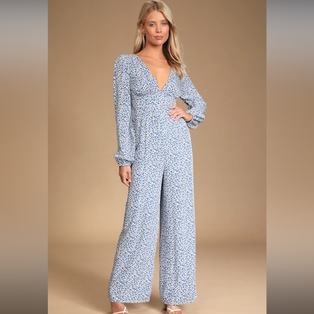 Lulu's Blue Floral Patterned Longsleeve Jumpsuit